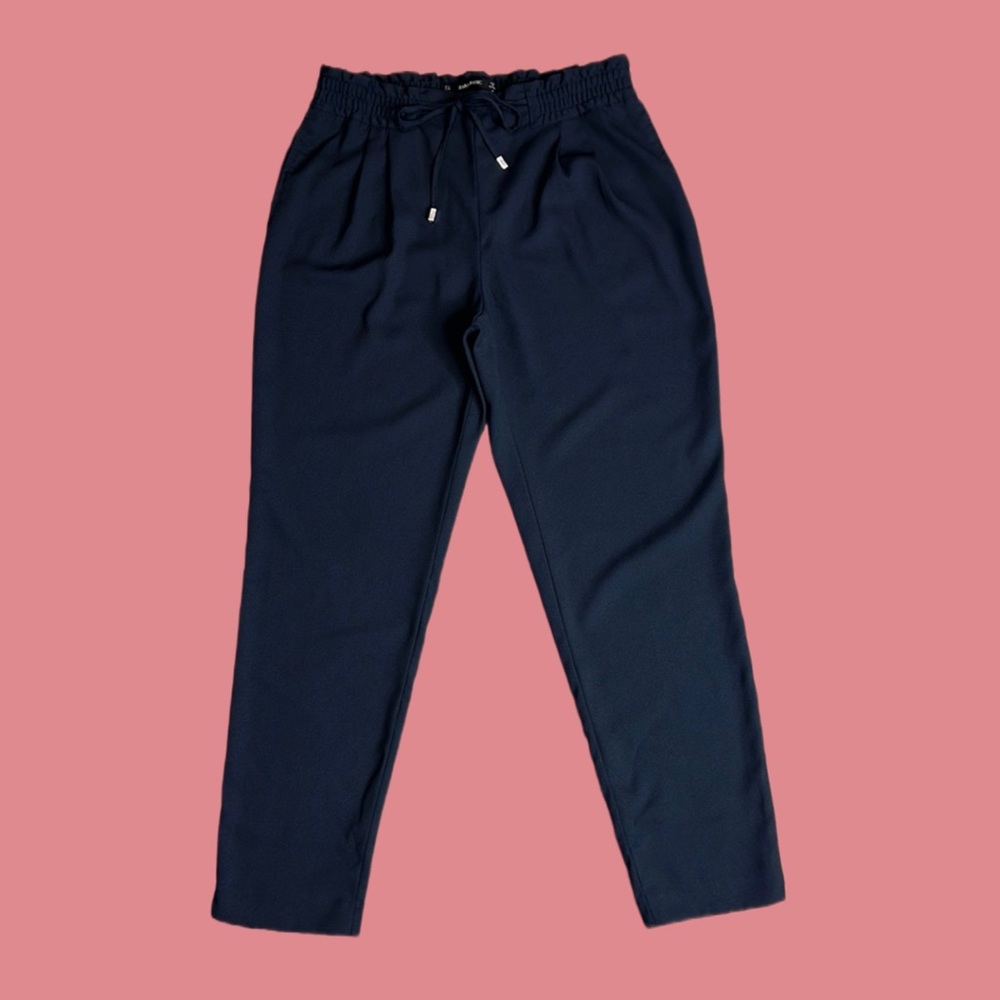 Zara Basic Paper-Bag Pull On Cropped Pants Navy B… - image 1